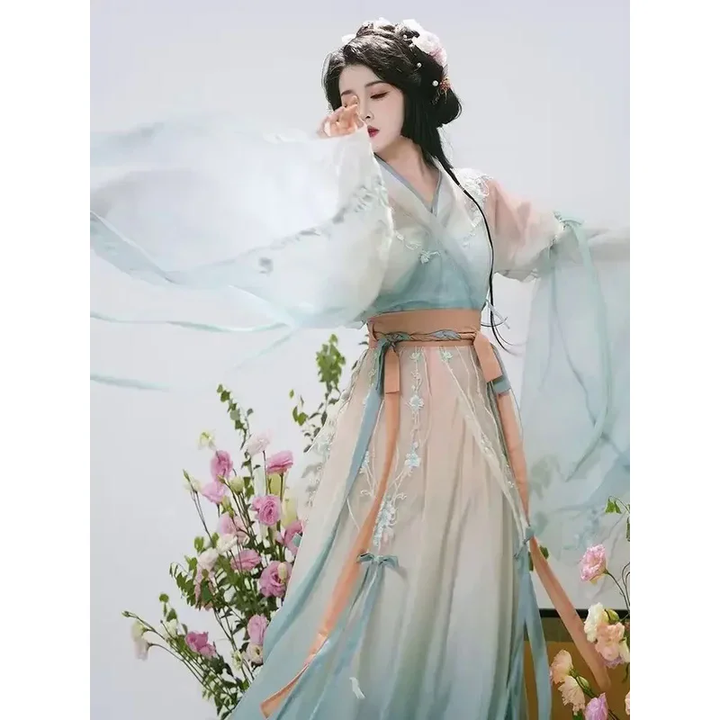 Disfraz tradicional Vintage Hanfu, vestido Hanfu azul degradado, vestido de fiesta de cumpleaños de talla grande