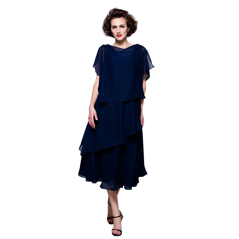 Customized Mother of the Bride Dress in Navy Blue Chiffon Asymmetrical Midi Length with Single One Sleeve Wedding ormal Events