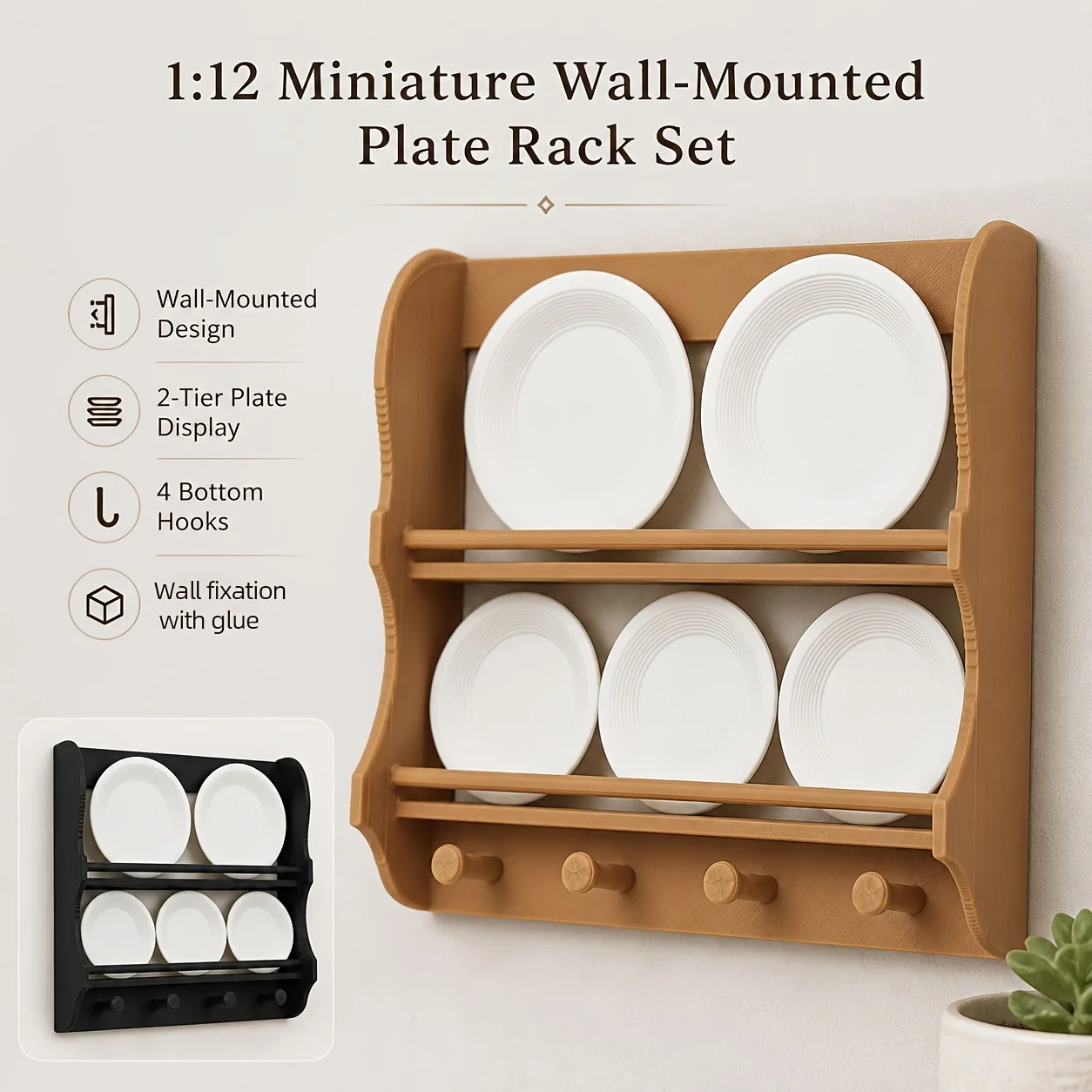 1:12 Scale Dollhouse Miniature Wall Plate Rack Set,  Kitchen Dish Shelf with 2 Large Plates and 3 Small Plates, Black/Brown Mini