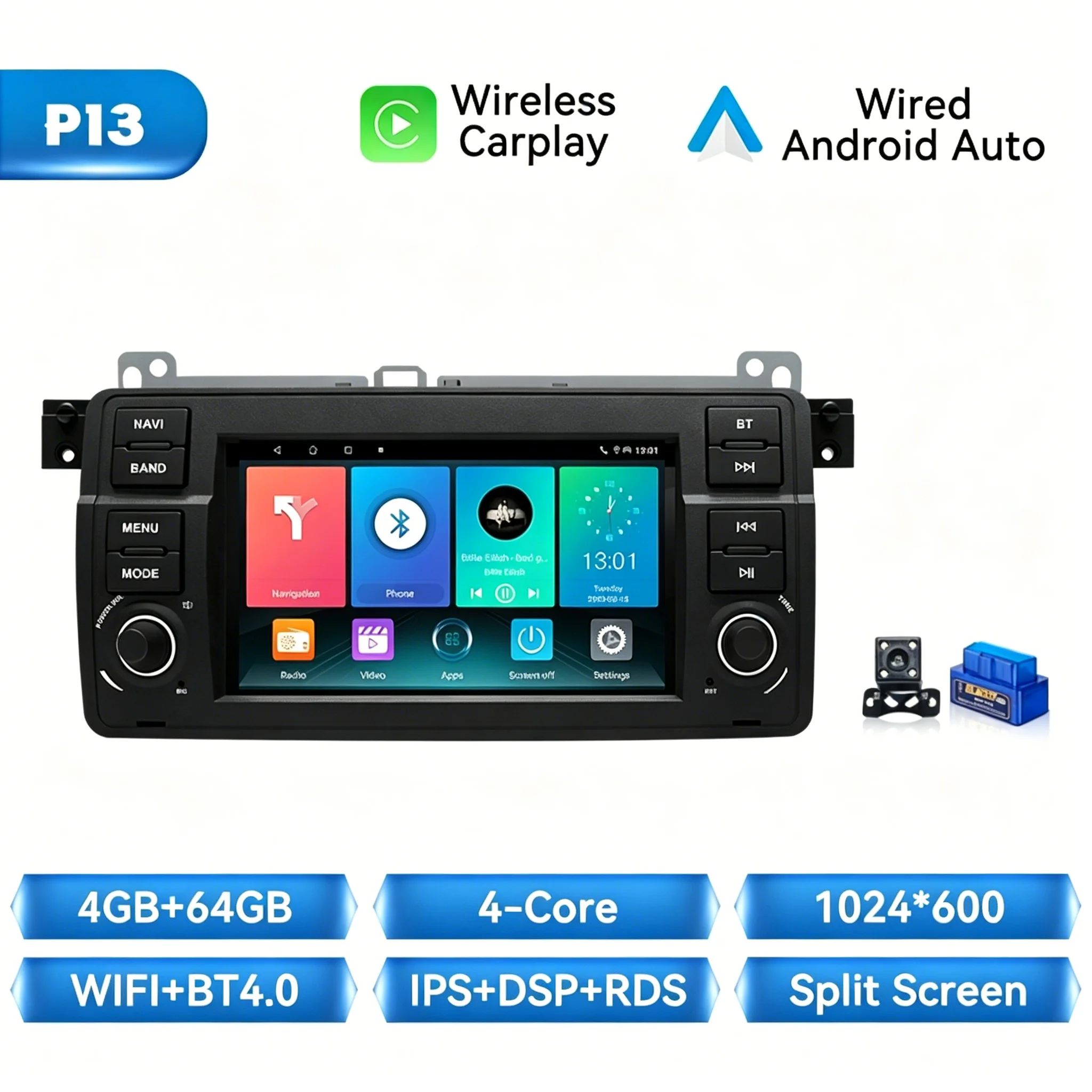 Android 14 autoradio met draadloze CarPlay en Android Auto voor BMW E46 M3 318i 320i 325i 330i 335i Rover 75 Coupé, ingebouwde DSP, GPS navigatie, IPS stereo, multimediasysteem, Bluetooth, WiFi,