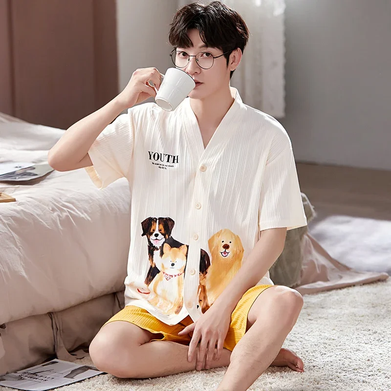 Plus Size Men Pijamas Summer New Shorts Kimono Fashion Bear Printing Cotton Pajama Set Sleepwear Cardigan Leisure Men Pajamas