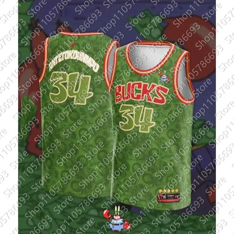 New Mr. Krabs Giannis 34 Bucks Basketball Jersey Men Sleeveless Breathable Sports Vest for Training Outdoor Casual Wear Y2k Top