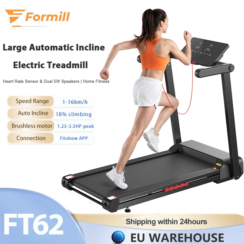 Tapis roulant électrique grand format Formill FT62, 1-16 km/h, inclinaison automatique 18%, moteur sans balais, machine de course pour la maison avec haut-parleur Bluetooth