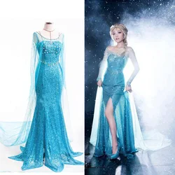 Frozen Elsa Princess Long Dress Sequin Mesh Elsa Costume Adult Snow Queen Costume Party Dress Halloween Carnival Cosplay Costume
