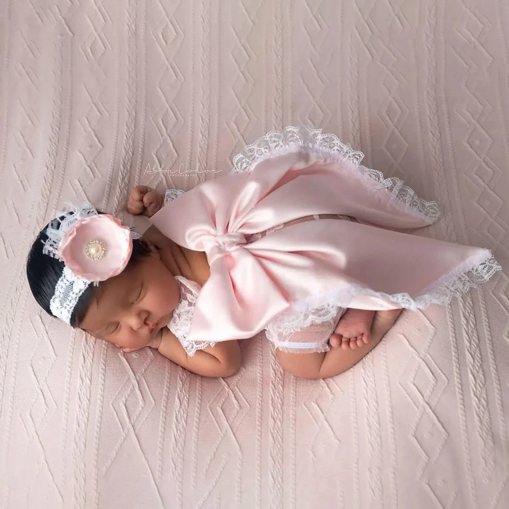 Newborn Photography Costume Set Pink Satin Bow Lace Outfit Baby Girl Photo Props Pearl Headband Baby Studio Shooting Accessories