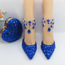 2024 Royal Blue Rhinestone Wedding shoes and heart bags set woman shoes crystal Party dress shoes Bride Ankle strap women shoes