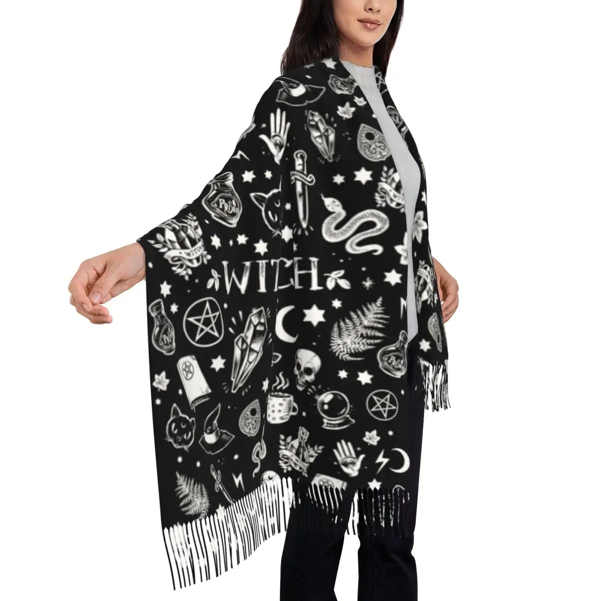 Custom Printed Halloween Occult Gothic Magic Witch Pattern Scarf Women Men Winter Warm Scarves Shawl Wrap view 4