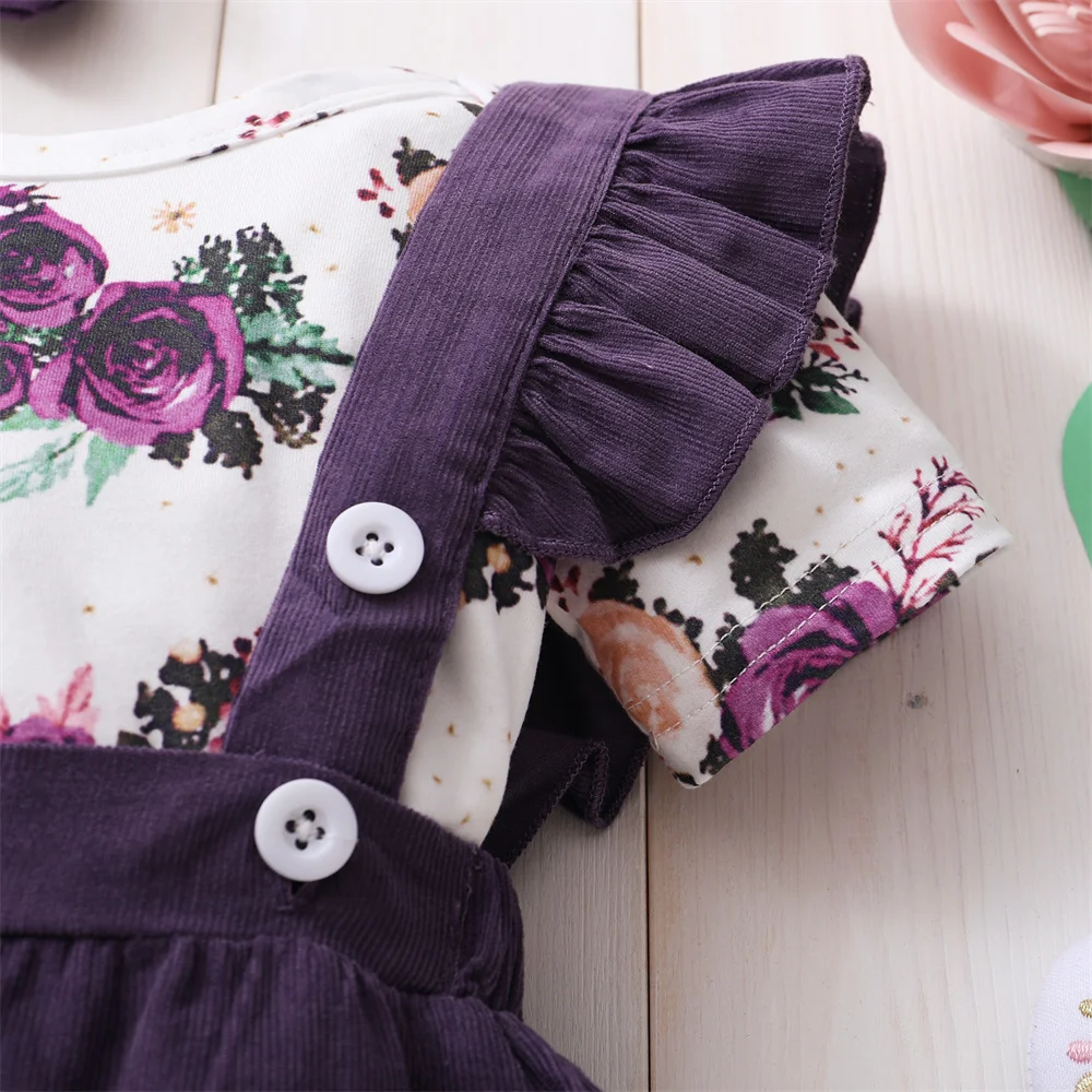 Newborn Baby Girl Clothes Suit Short Sleeves Flower Bodysuit Strap Skirt with Headband 3PCS Infant Baby Girl Clothes