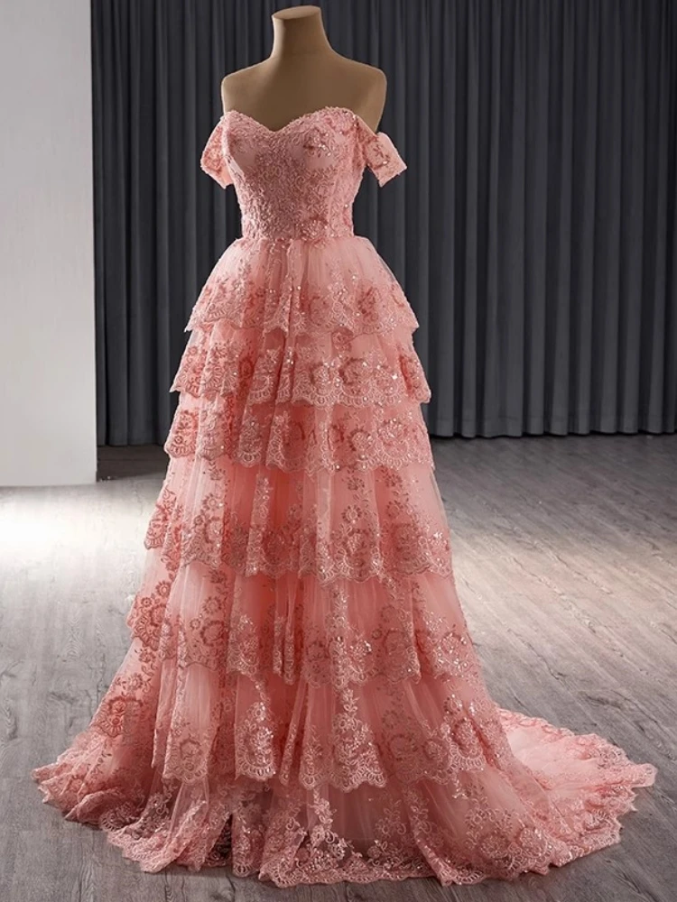 Vestido de princesa mexicana con hombros descubiertos para mujer, falda larga escalonada de encaje, ropa Formal para ocasiones nocturnas, 2025