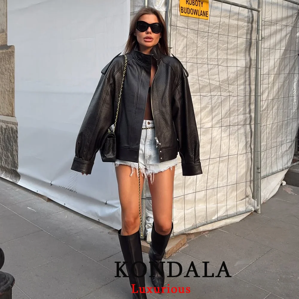 KONDALA Casual Chic Schwarz Leder Jacken Frauen Langarm Tasten Elastische Übergroße Mäntel Mode 2026 Frühling Streetwear Mäntel – Detail 16