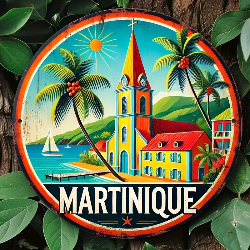 2026 2D Flat Vintage Martinique Travel Wooden Sign, Retro Caribbean Island Church Palm Trees Round Plaque, Rustic Tropical Va