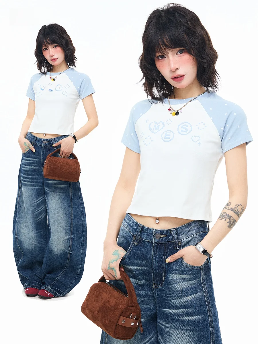 

Sanowers Digital Print Color Block Shoulder T-Shirt Women's Slim Fit Summer Short Sleeve Fun Casual Breathable round Neck Top