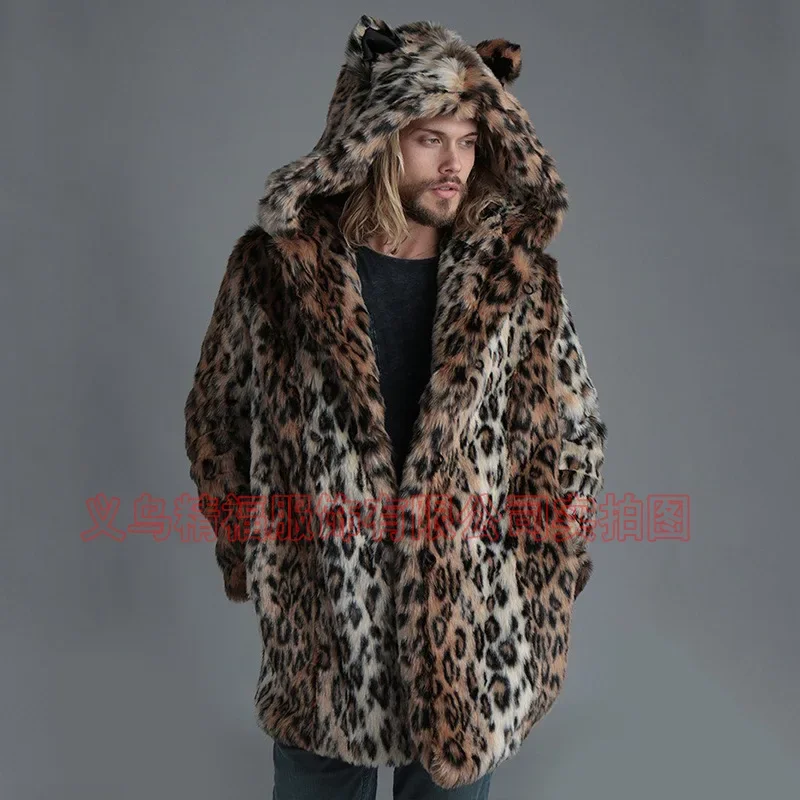 Hood Imitation Fur Fur Coat Men Leopard Mink Coats Mens New Fur Coat Mens Winter Warm Faux Fur Cardigan Tops Men