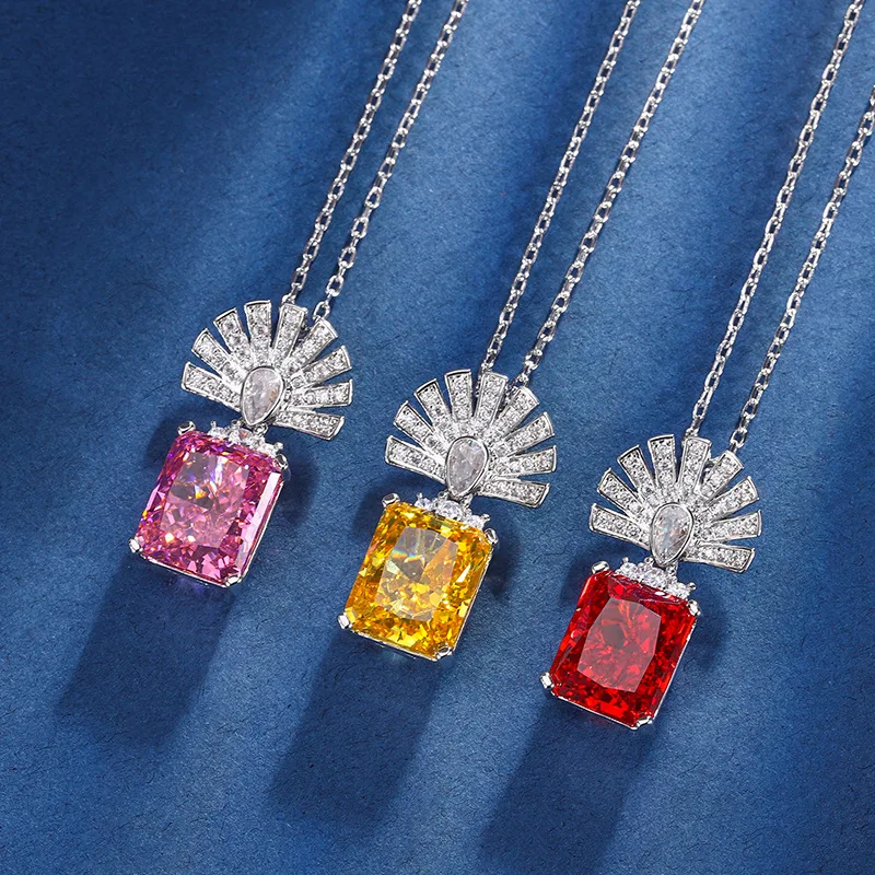 

New autumn and winter jewelry set with high-carbon diamond, ice-flower cut, copper inlay, fan pendant main stone10*12