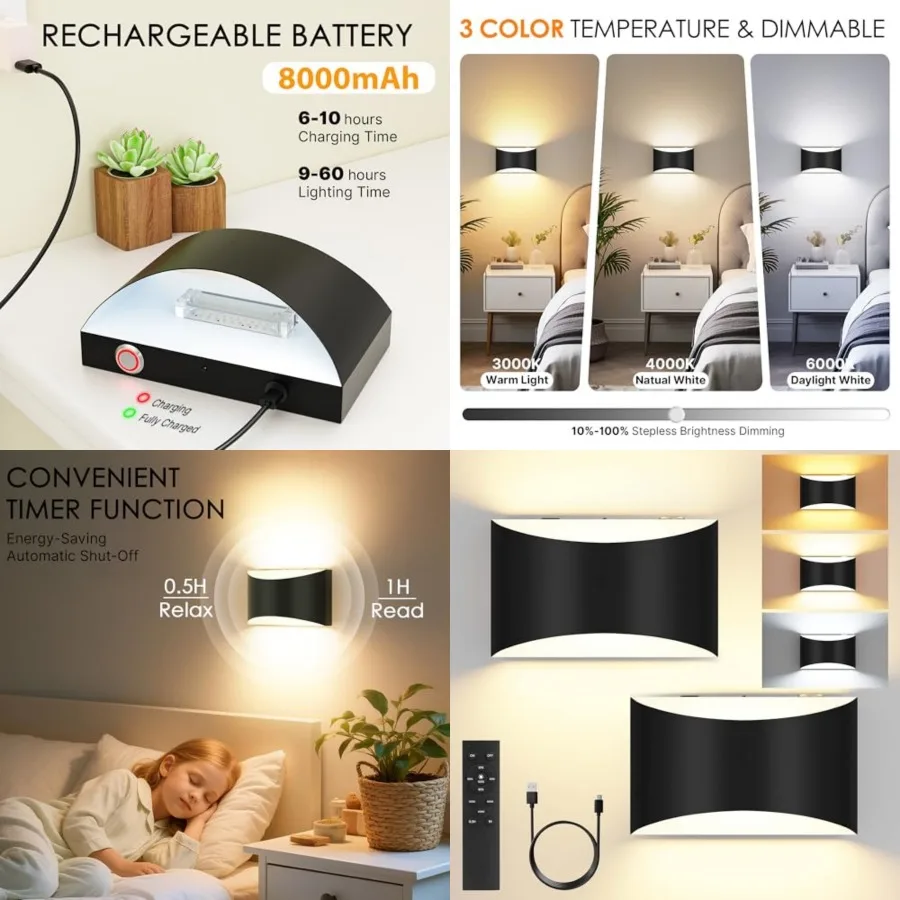 

Battery Operated Wall Sconces Set of 2, 8000mAh Rechargeable Remote and Touch Control Wall Lamps, 3 Color Temperatures, Timer D