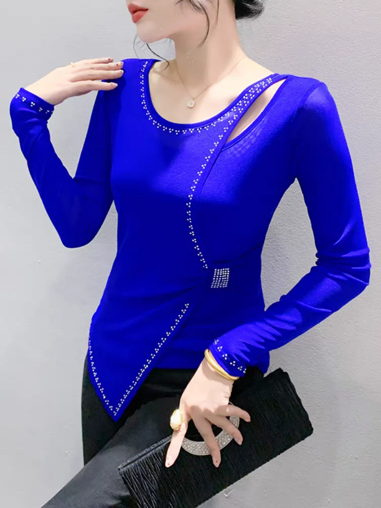 Autumn European T-Shirt Irregular Mesh Clothes Women Chic Shiny Diamonds Tops Long Sleeve Bottoming Shirt Hollow Out Tees