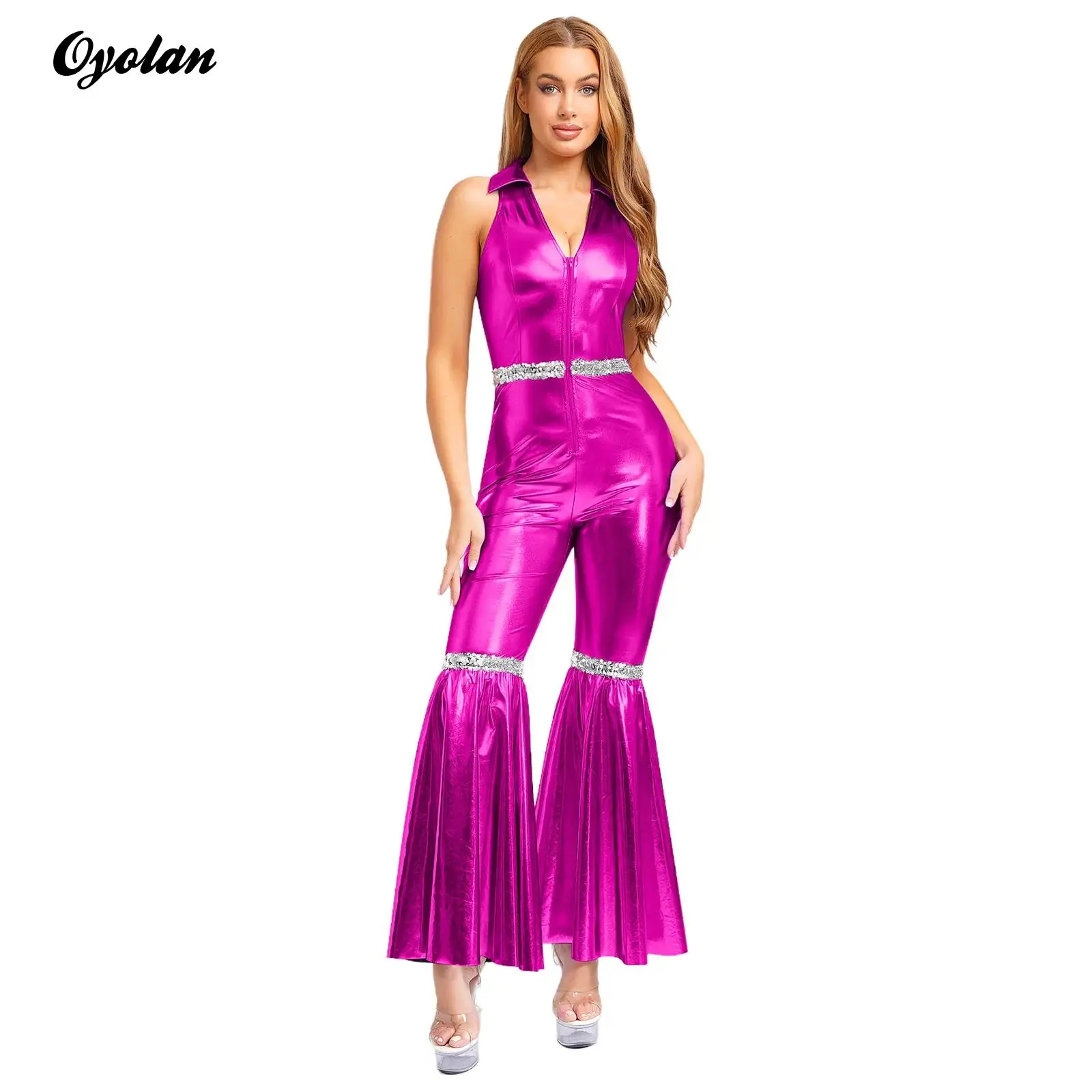 

Женский ретро-костюм для джазовых и бальных танцев в стиле 70-х, диско-комбинезон в стиле хиппи, винтажный комбинезон с молнией спереди, пайетками и расклешенными брюками