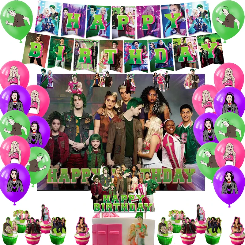 Disney Zombie High Birthday Party Decoration Zombie Zed Addison Balloon Banner Cake Topper Backdrop Toys for Party Supplies