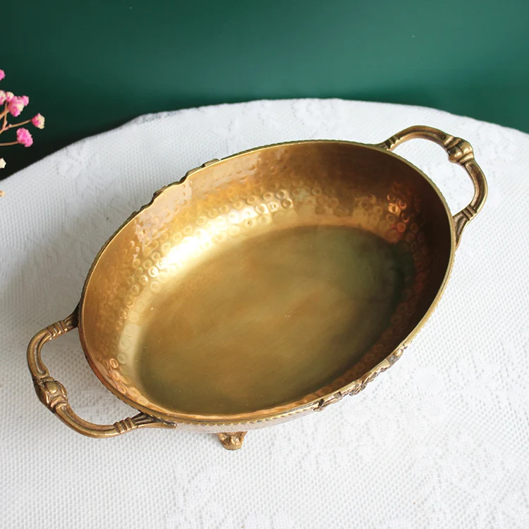 Brass Fruit Dish Hammered Sweet Bowl with Dual Handles Serving Tray for Lounge and Dining Area Accent Storage Tray