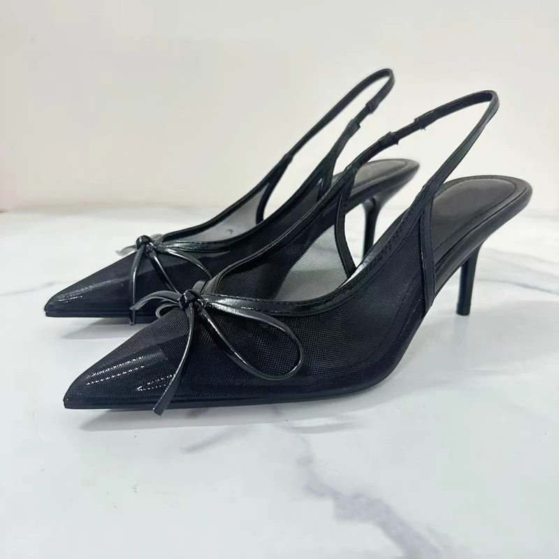

Woman Shoes 2025 Autumn New Black Butterfly Knot Mesh Pointed High Heels Sexy and Fashionable Thin Heel Women's Sandals
