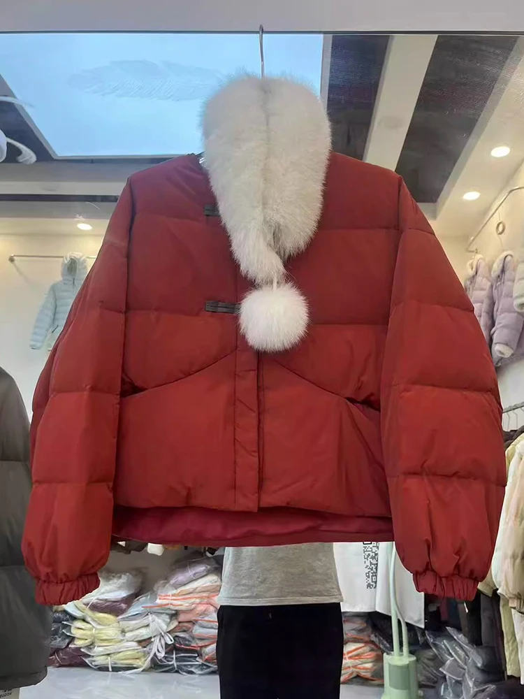 Veste en duvet de canard blanc pour femme, version coréenne, écharpe en renard à la mode, col en fourrure, style court, nouvelle collection hiver 2025