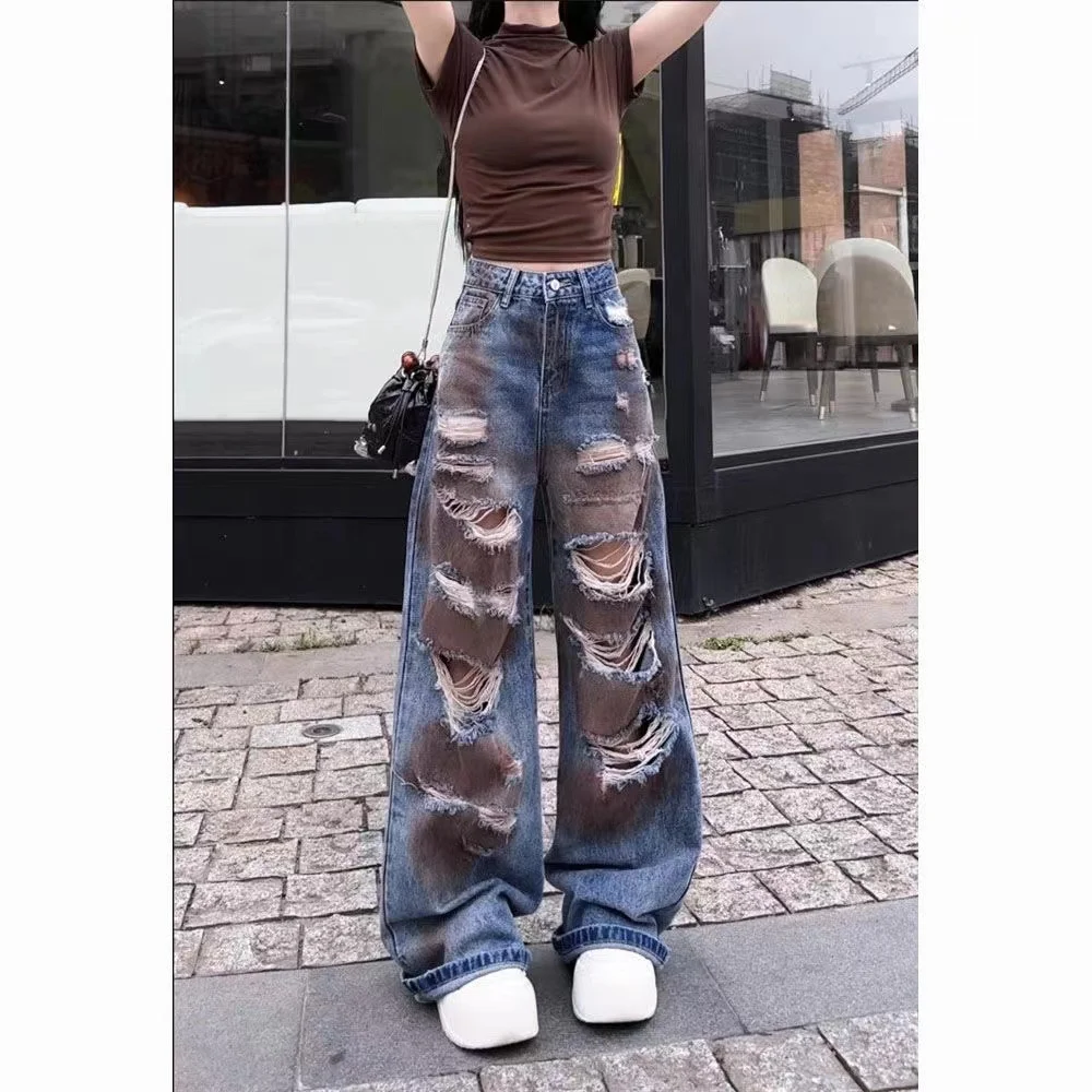 Vintage High Waist Denim Pants Ripped Jeans Women Fashion  Streetwear Y2K Wide Leg Jeans Female Loose Versatile Straight Pants