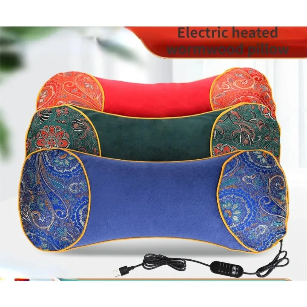 Wormwood Bone Shape Heating Pillow Velvet Mugwort Cervical Vertebra Support Heated Pillow Cervical Pain Relief Sleeping Aid Tool