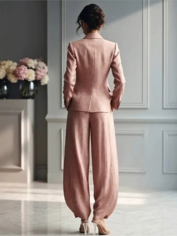 Women Lapel Blazer 2-piece Sets Autumn Solid Buttons Long-sleeve Slim Jacket Wide Leg Pants Outfits Elegant Office Business Set