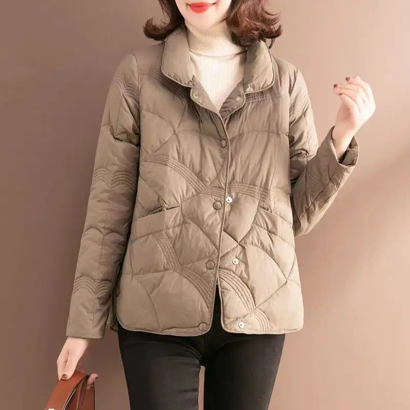 Autumn Winter Women Lightweight Down Cotton Jacket 2026 Thin Solid Stand Collar Short Jacket Female Cotton Padded Coat Overcoat