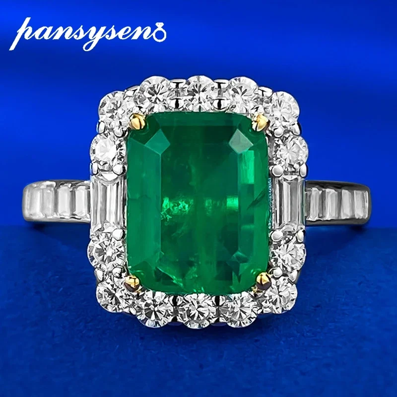 

PANSYSEN Vintage 100% 925 Sterling Silver 2CT Emerald High Carbon Diamond Ring Anniversary Party 18K White Gold Plated Jewelry