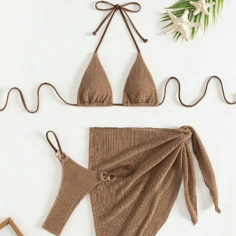 Sexy 3 peça conjunto de biquíni feminino halter push up sutiã saia maiô cobrir tanga roupa de banho biquini Куhrьник Ж браrien