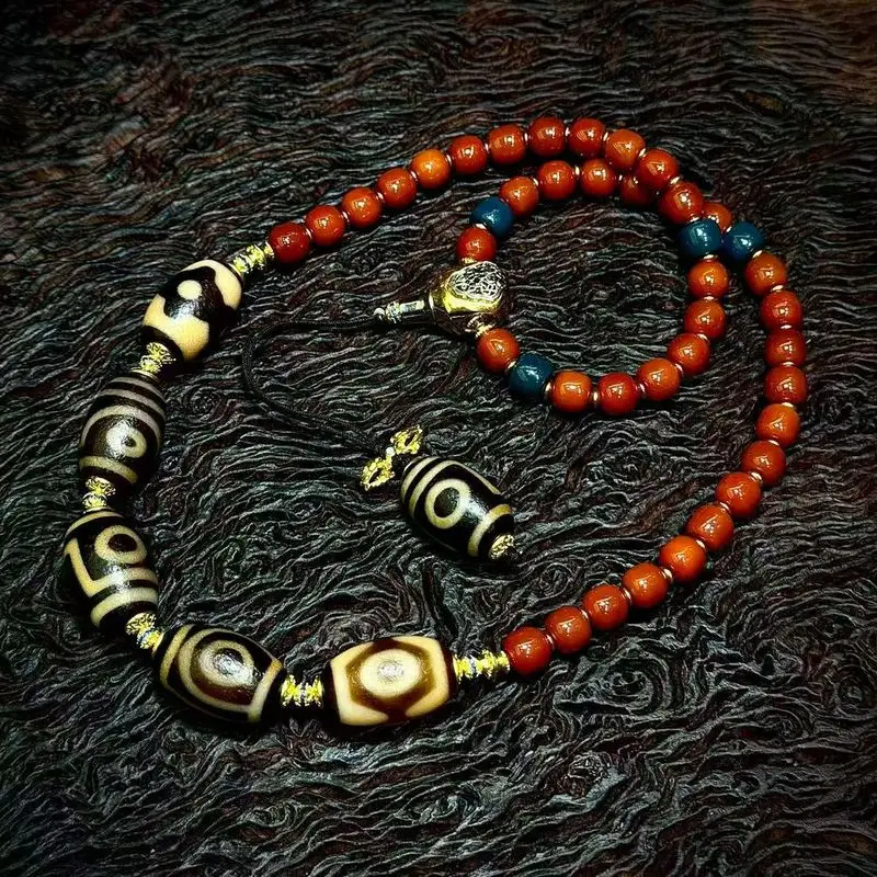 Tibetan natural old mine raw agate first-grade quality with a mountain-shaped pendant and multi-bead Dzi beads 12*20m