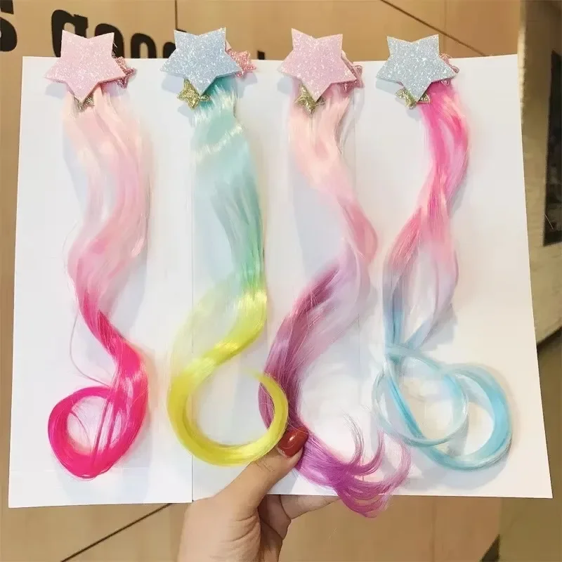 Cute Cartoon Kids Gradient Colorful Pentagram Hair Clip Children Extensions Wig  for Girls Children Ponytail  Kids Headwear Part