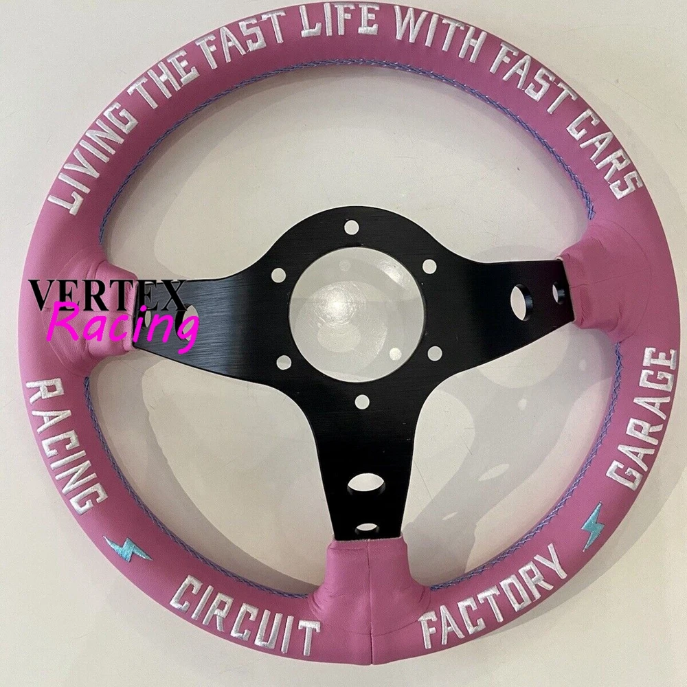 330MM Universal Girly Pink Racing Vertex Steering Wheel JDM Deep Corn Sport Game Leather Fatlace VERTEX Steering Wheel