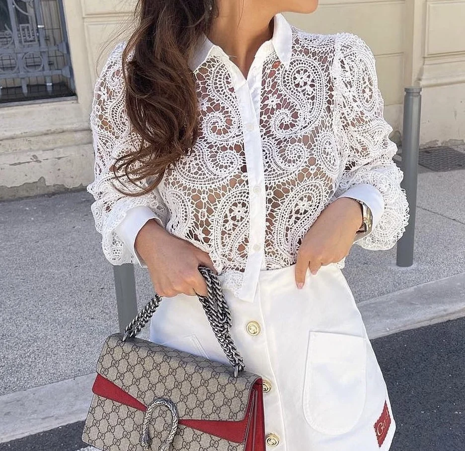 2024 Autumn New Fashion Women\'s European And American Style White Crochet Long Sleeve Lapel Shirt Street Style Casual Top