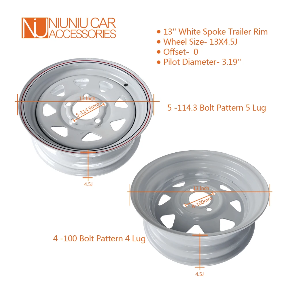 13 Inch X 4.5J White Spoke Trailer Rim 4-100 and 5 -114.3 Car Bolt Pattern Caravan Boat RV Parts Accessories