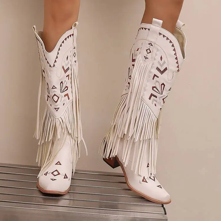 Fringed Thick-Heeled Knight Boots Embroidered Western Cowboy Botines Slip-On Large-Tube Pu High Botas Femininas Chaussure Femme