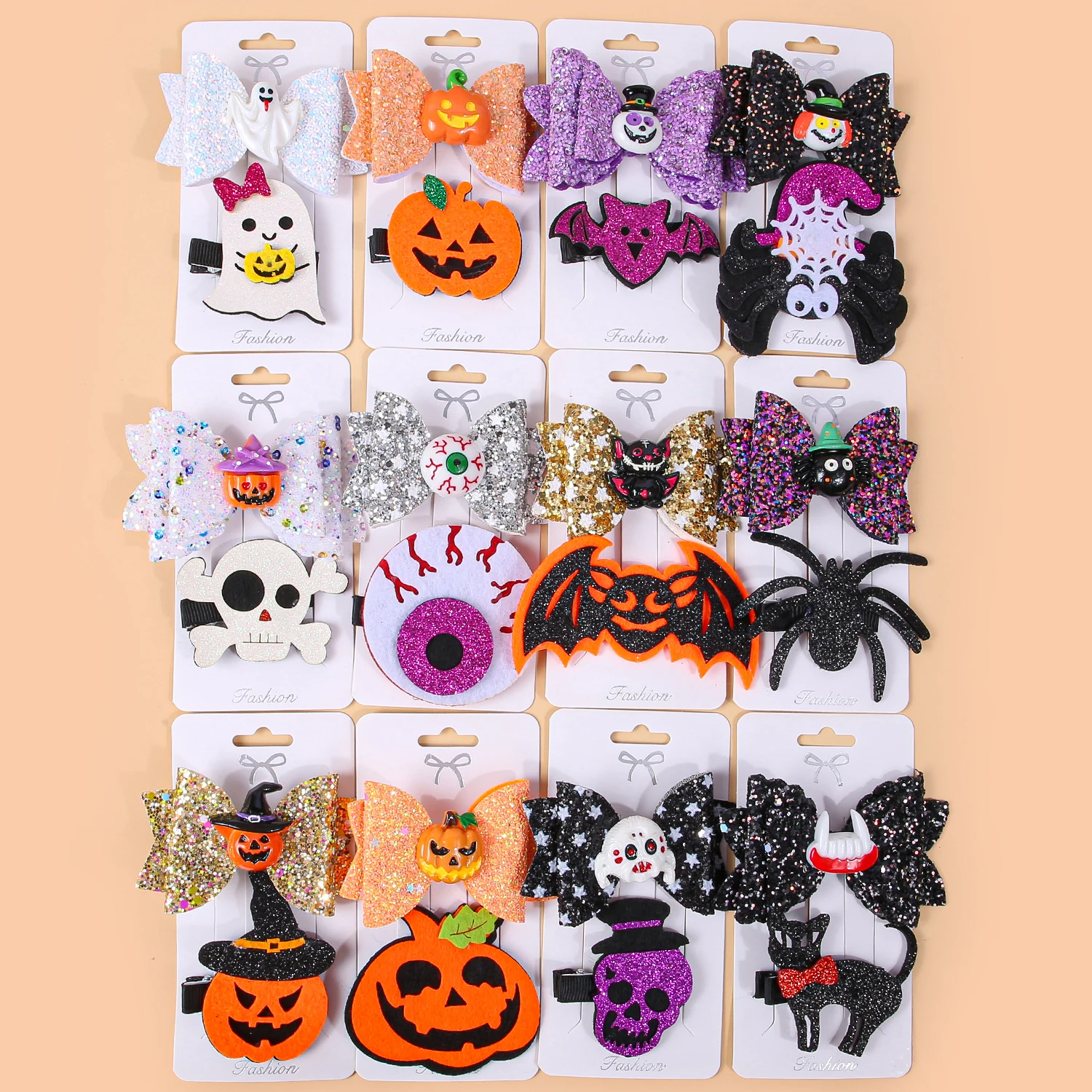2pcs Girls Pumpkin Devil Hair Clips Set Glitter Hair Bows Hairpins Barrettes Clips Children Halloween Party Hair Accessories