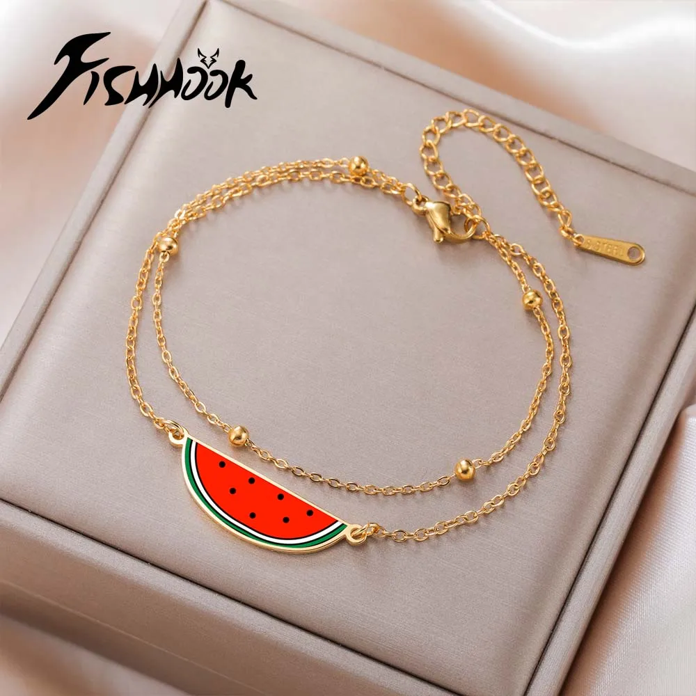 Red Watermelon Bracelet Gift for Woman Men Couple Sister Bangle Gold Color Stainless Steel Double Chain Jewelry