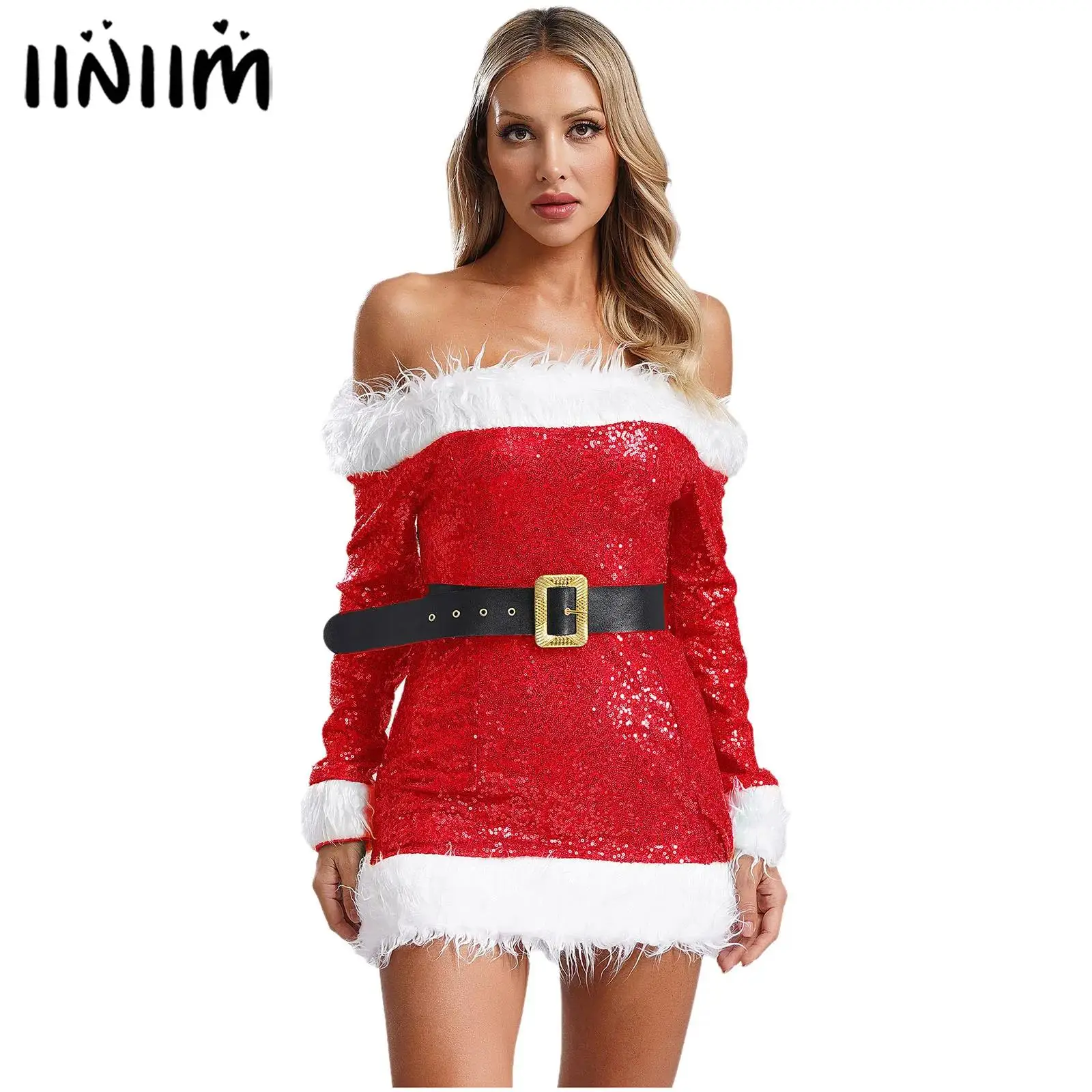 

Womens Christmas Xmas Mrs Santa Claus Green Elf Cosplay Outfits Sweetie Costume A-line Sequin New Year Sweetie Dress with Belt