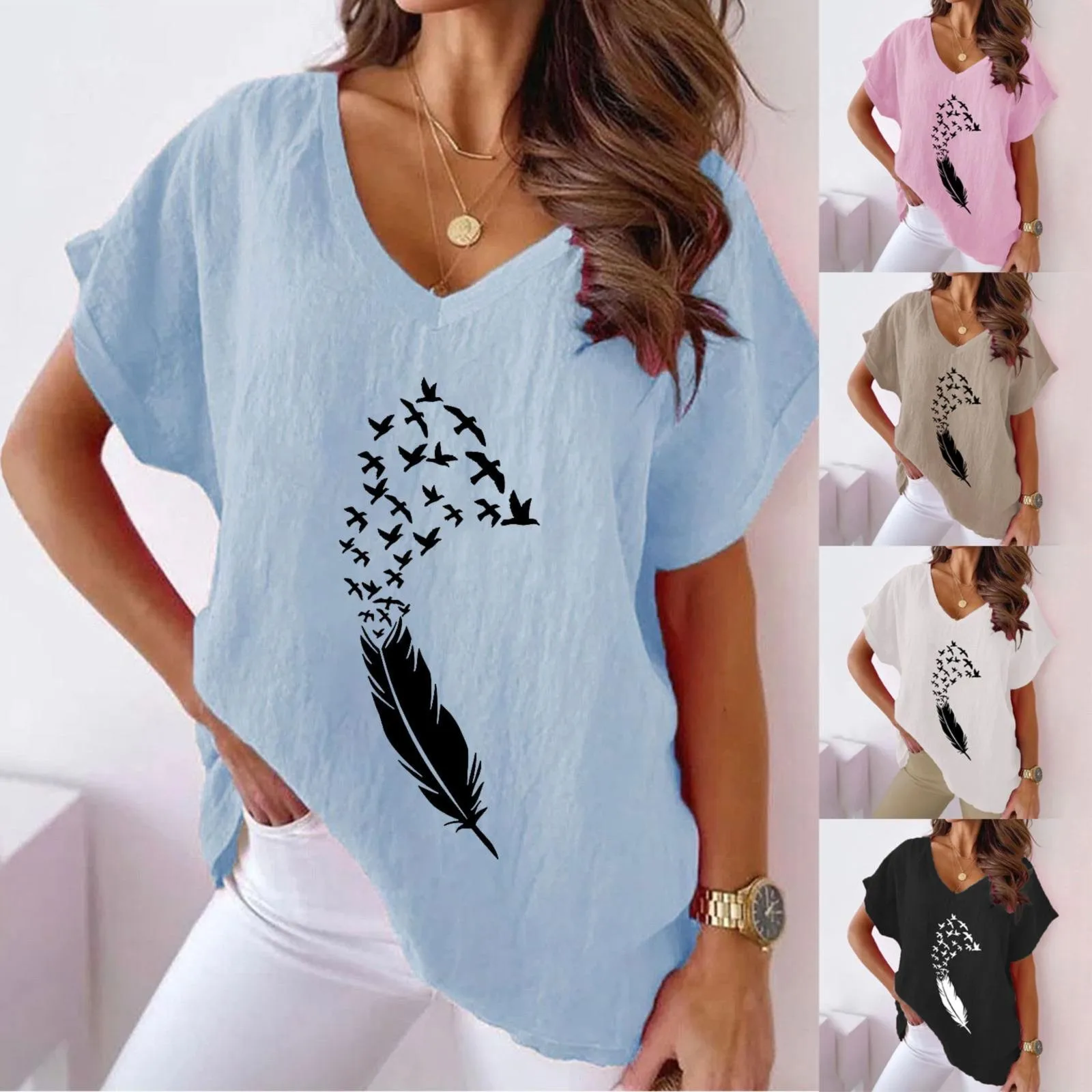 

Swallow Print V Neck Cotton Casual Bat Short Sleeve T Shirt Women Basics Womens Athletic Tops Mocks for Women