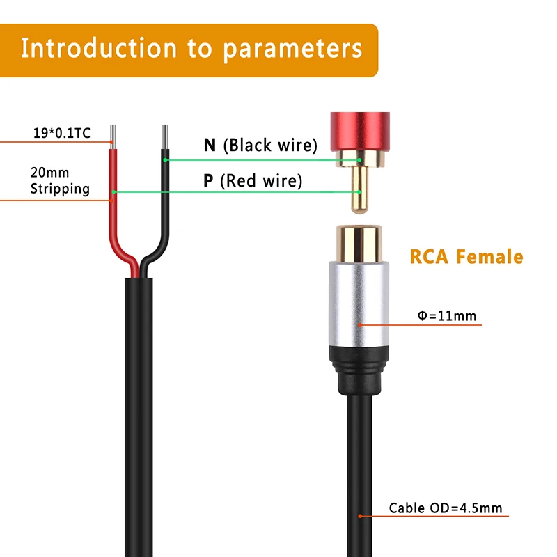 Connecteur adaptateur de prise femelle RCA pour haut-parleur, fil nu, extrémité ouverte, câble audio pour amplificateur, récepteur audio et vidéo, haut-parleurs