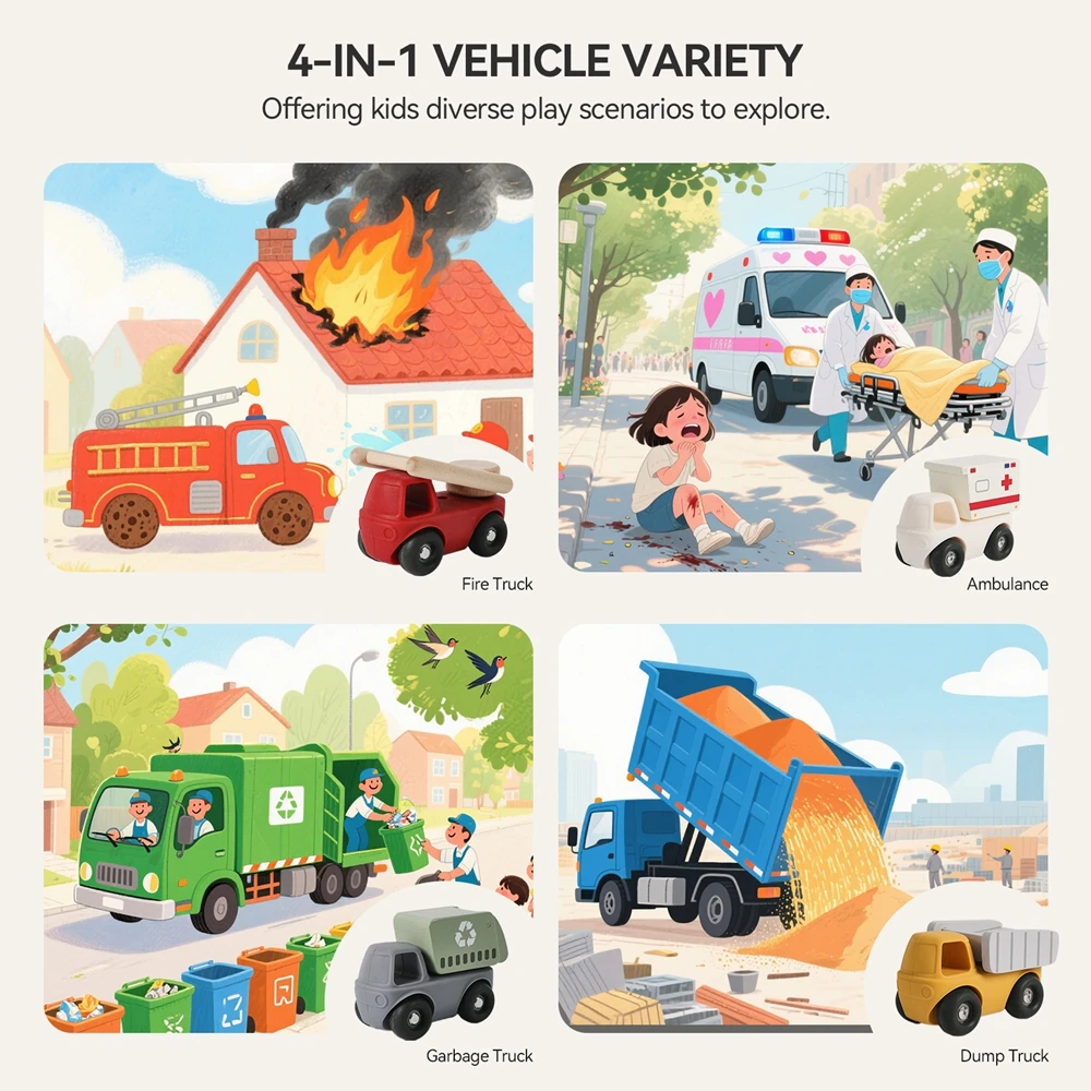 Silicone Engineering Vehicle Toy Set Garbage Truck Ambulance Free Combination Carriages Wheels Creative Play Gift Baby toys