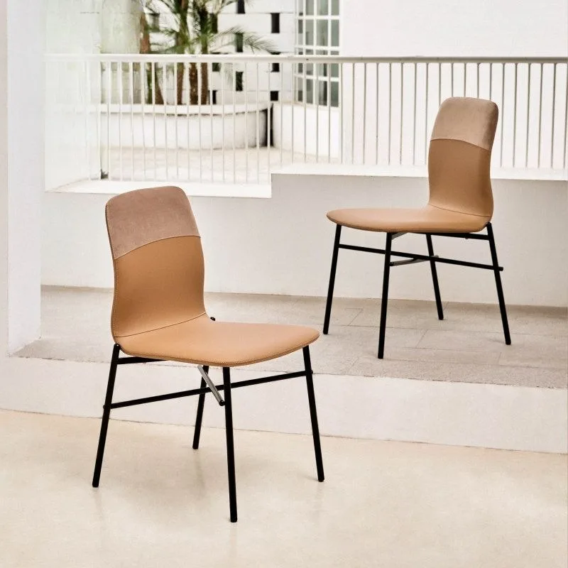 European metal household light luxury dining chair, simple modern flannel splicing leather dining chair