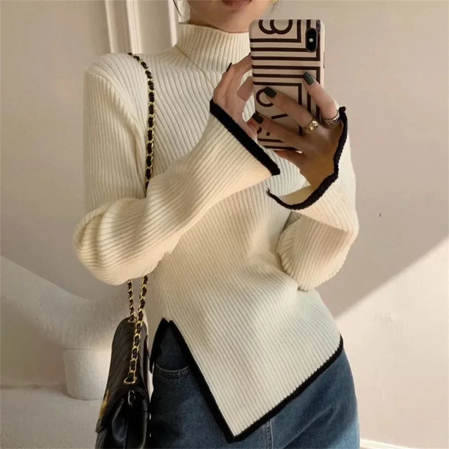 

Pullover Women Sweater Long Sleeve Top Autumn Winter Knitwears Turtleneck Sleeve Slim Clothes Casual Street Wear Women