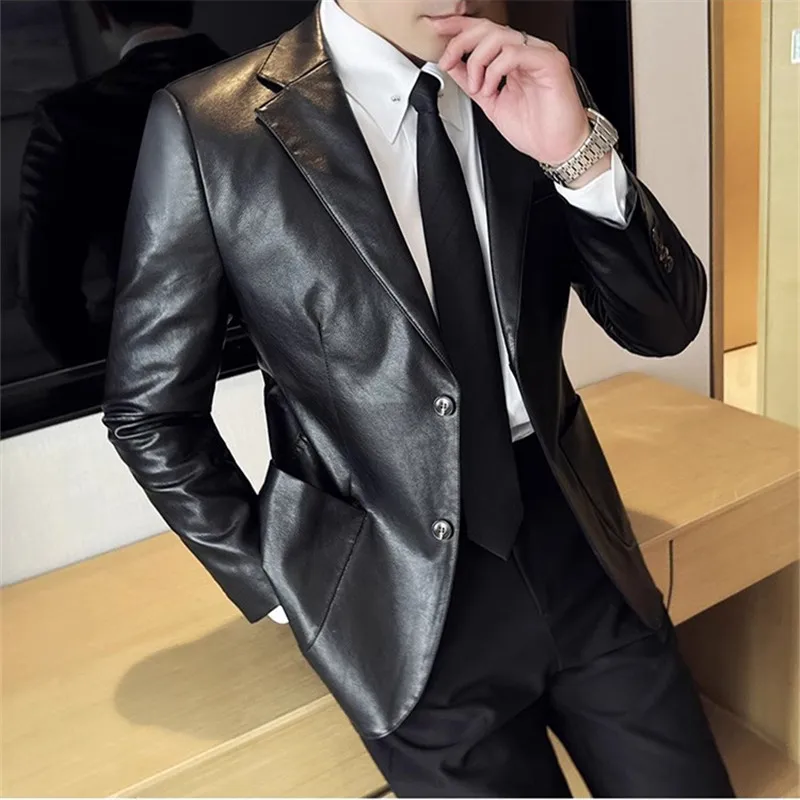 Leather Jacket Men PU Blazer Coats Fashion Business Casual Leather Suit Outwear Male Solid Slim Tur Down Collar Blazers Jackets