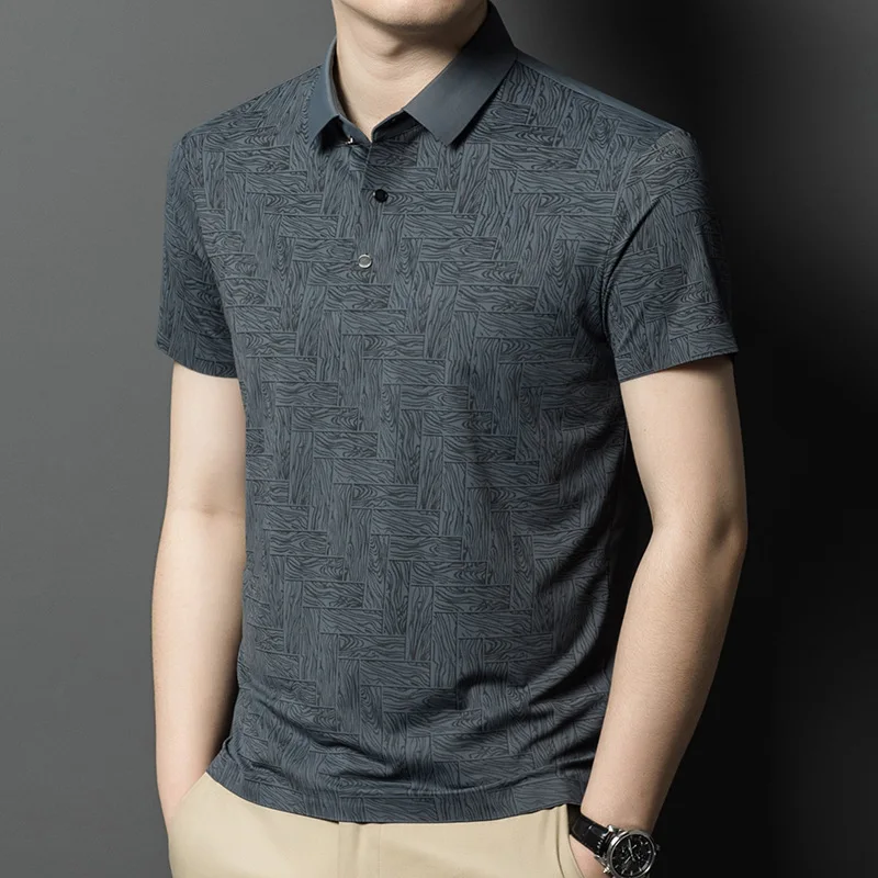 Ice Silk Short-sleeved T-shirt for Men with Lapel Print Summer New Thin Casual Short-sleeved Polo Shirt for Men