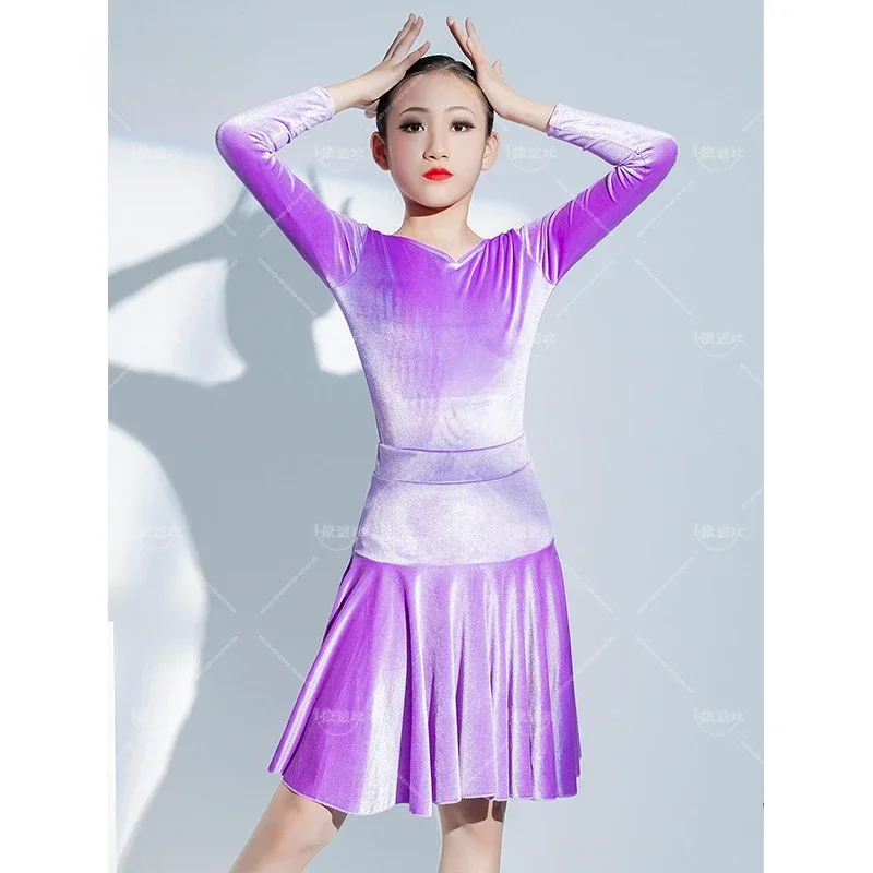 بدلة تدريب الرقص اللاتيني للفتيات، بدلة مسابقة أداء المسرح بأكمام طويلة للخريف والشتاء