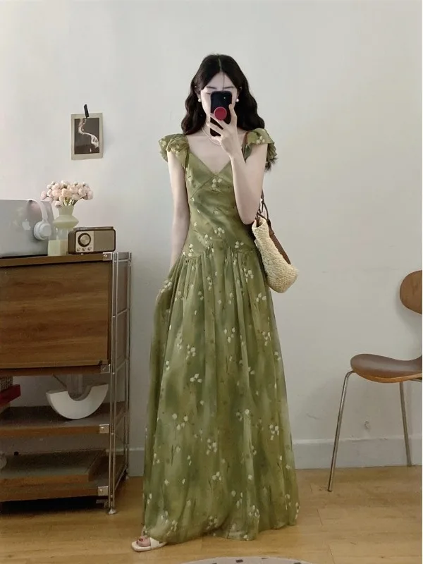 

plus Size Women's een Floral Print Dr with Fce Sves Waist Cinching Long Dr Korean Sle Commute Faion