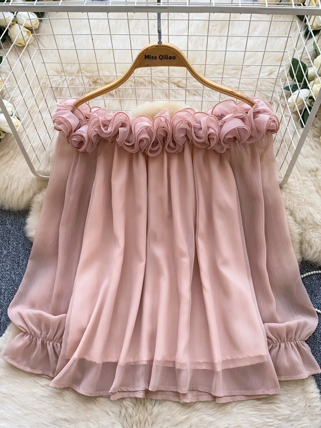 Loose Long Sleeve Women's Shirt Spring Commute Style Korean Version Floral Gown Slimming Blouse Shoulder Ruffle Hem